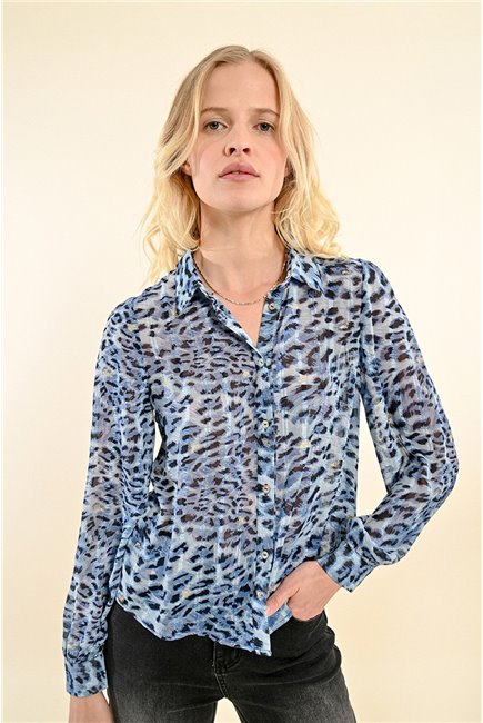 Molly Braken Camisa Azul Animal Print