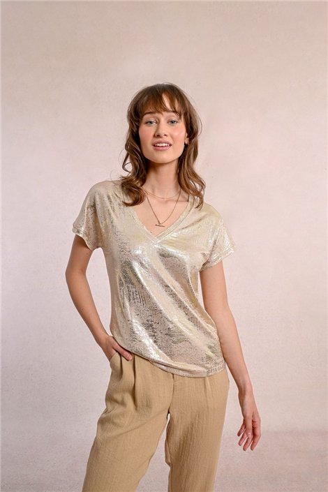 Molly Braken Camiseta metalizada beige