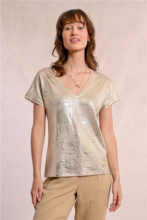 Molly Braken Camiseta metalizada beige