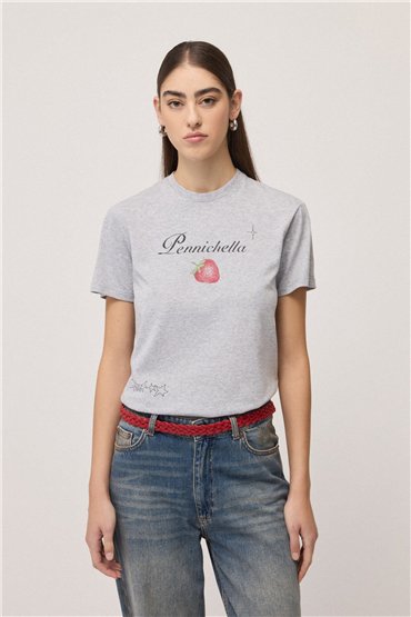 Otto d ame Camiseta gris con estampado fresa y strass