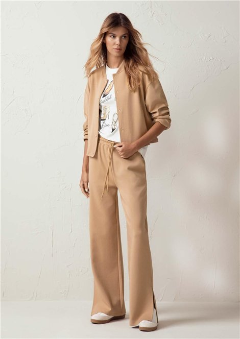 Markup Woman Pantalón camel de pernera ancha con cordón