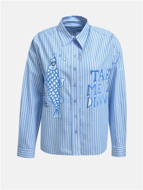 Milano Italy Camisa oversize azul con rayas y estampado frontal