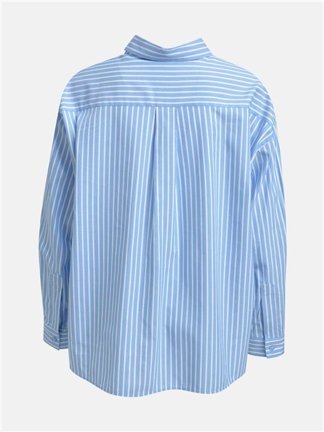 Milano Italy Camisa oversize azul con rayas y estampado frontal