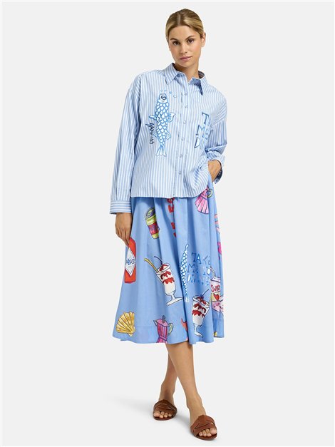 Milano Italy Camisa oversize azul con rayas y estampado frontal