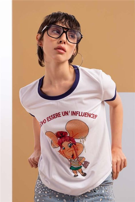 Zoe Camiseta blanca de manga corta con detalle ratón strass