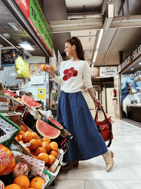 DPH Falda midi evasé en denim azul