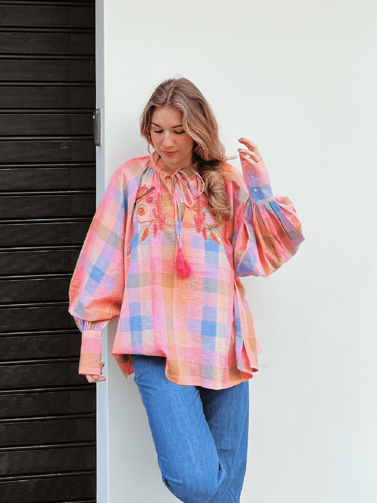 GYS Blusa de cuadros oversize con detalle frontal