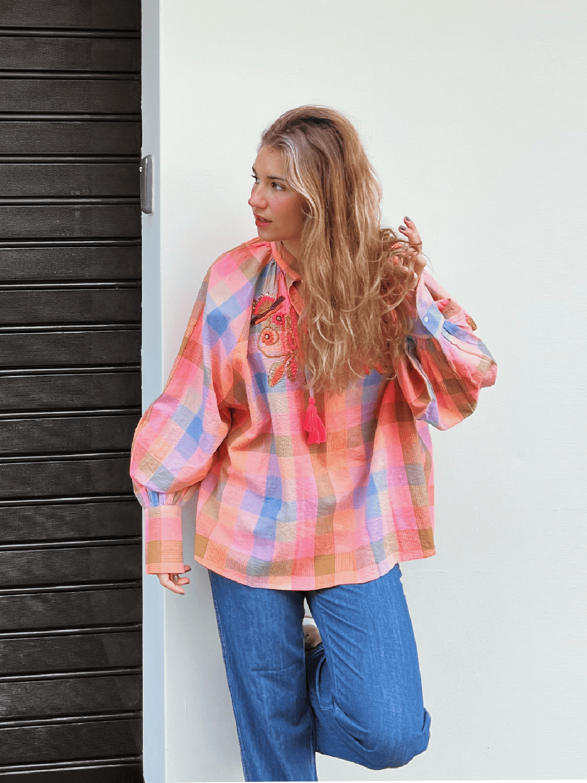 GYS Blusa de cuadros oversize con detalle frontal