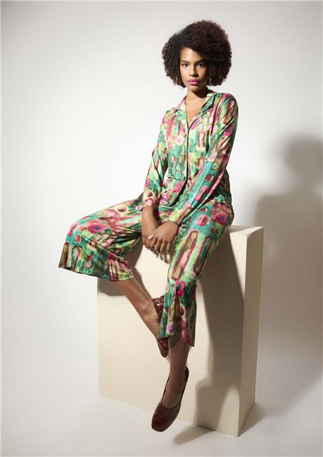 Malena Pantalón fluido de estampado difuminado verde-rosa