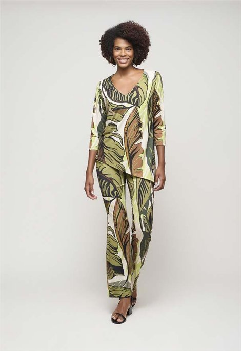 Malena Pantalón fluido de estampado hojas verde oliva