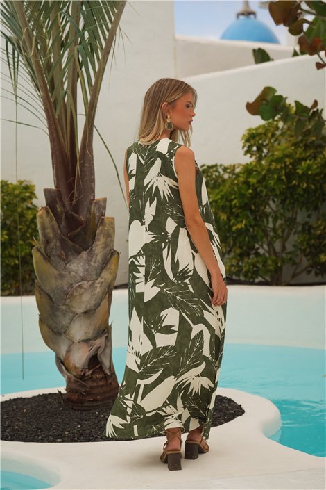 Guimanos Vestido largo oliva estampado hoja