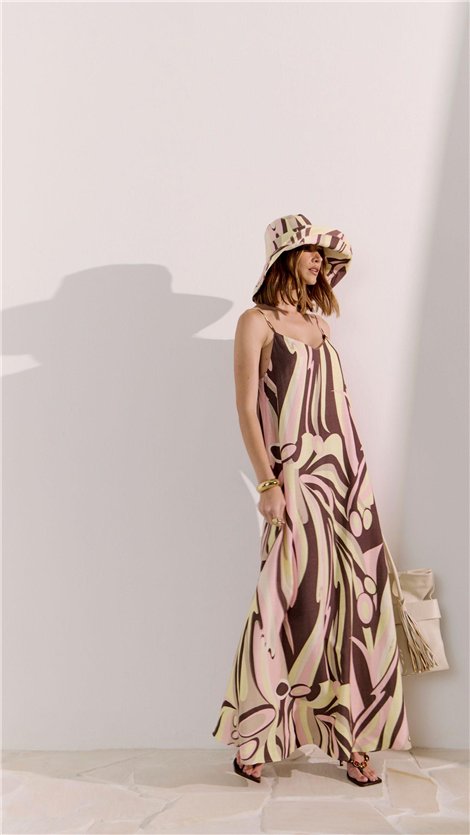 Perfume Vestido largo evasé estampado en tonos rosa y marrón