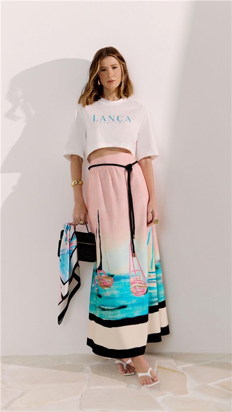 Perfume Falda larga color rosa estampado barcos