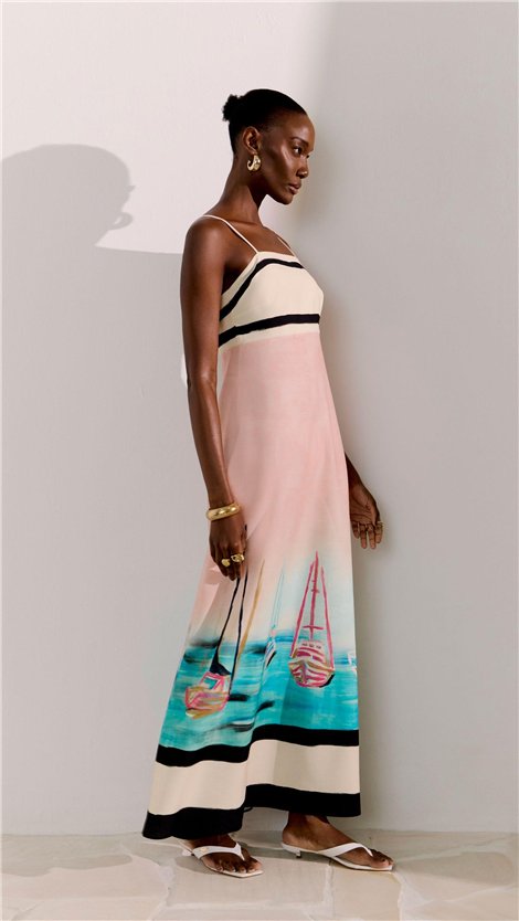 Perfume Vestido largo de tirantes estampado barcos