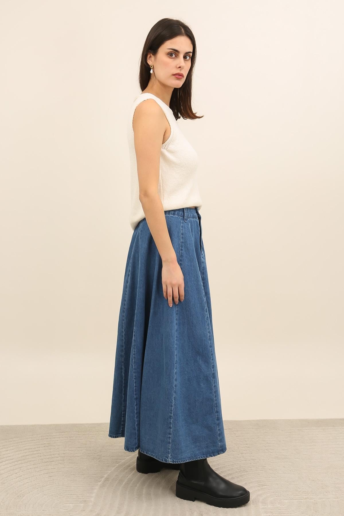 DPH Falda midi evasé en denim azul