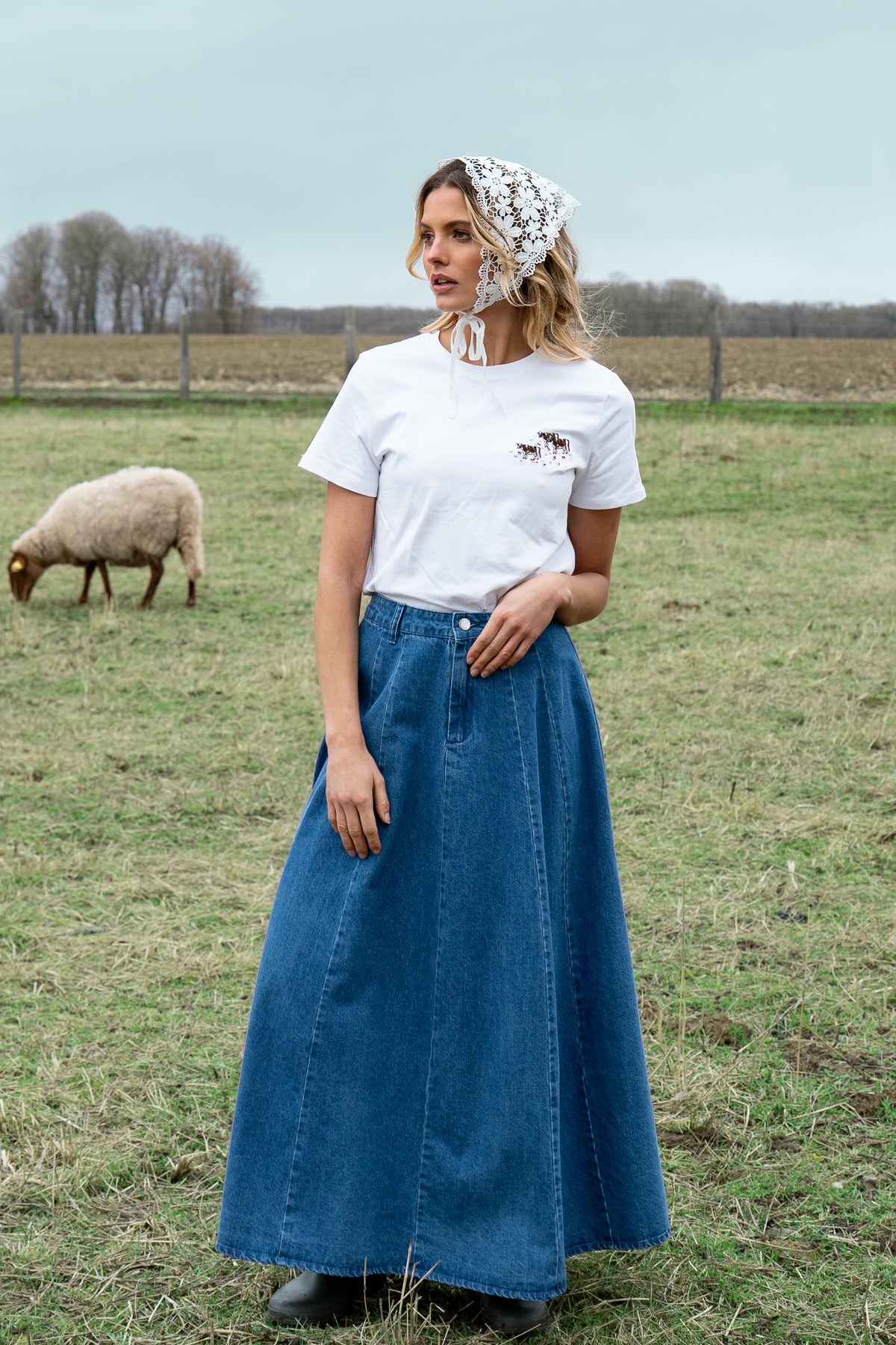 DPH Falda midi evasé en denim azul