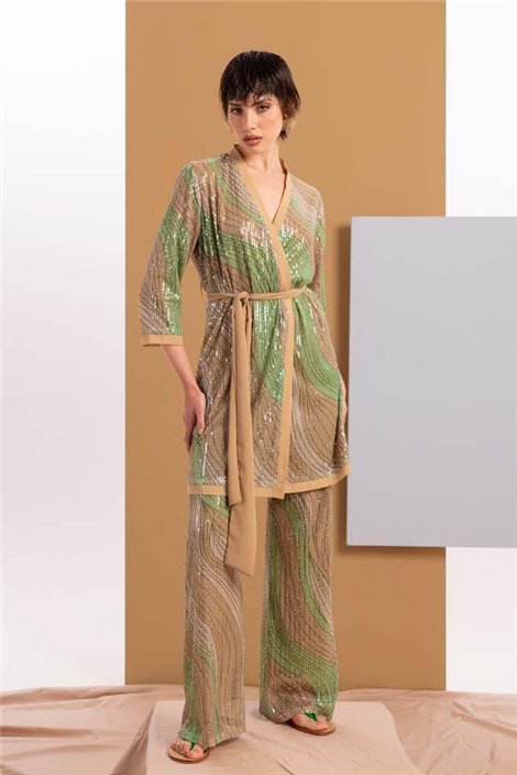 Zoe Kimono elegante con lentejuelas estampado verde y camel