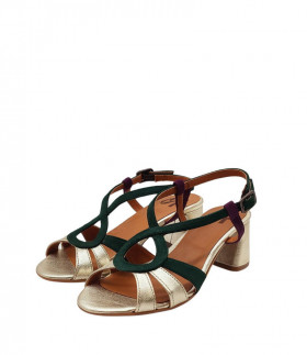 Vosso Moda Sandalia de tacón oro-esmeralda