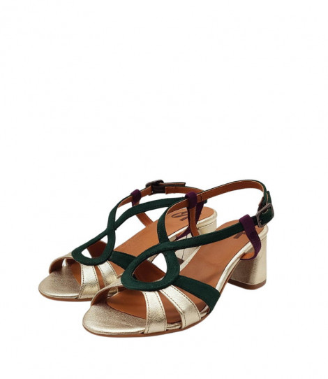Vosso Moda Sandalia de tacón oro-esmeralda