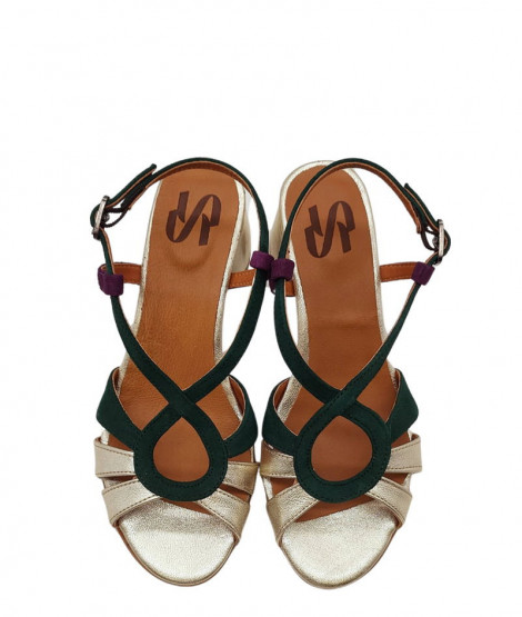 Vosso Moda Sandalia de tacón oro-esmeralda