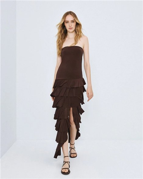 Acces Vestido largo con volantes color chocolate