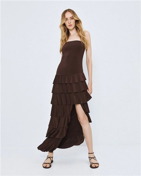 Acces Vestido largo con volantes color chocolate