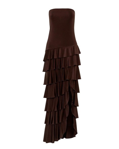 Acces Vestido largo con volantes color chocolate