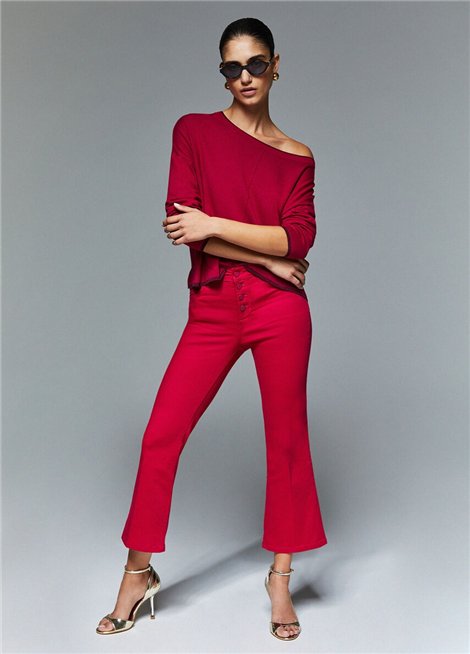 Liu Jo Pantalón color fresa acampanado con botones logotipo