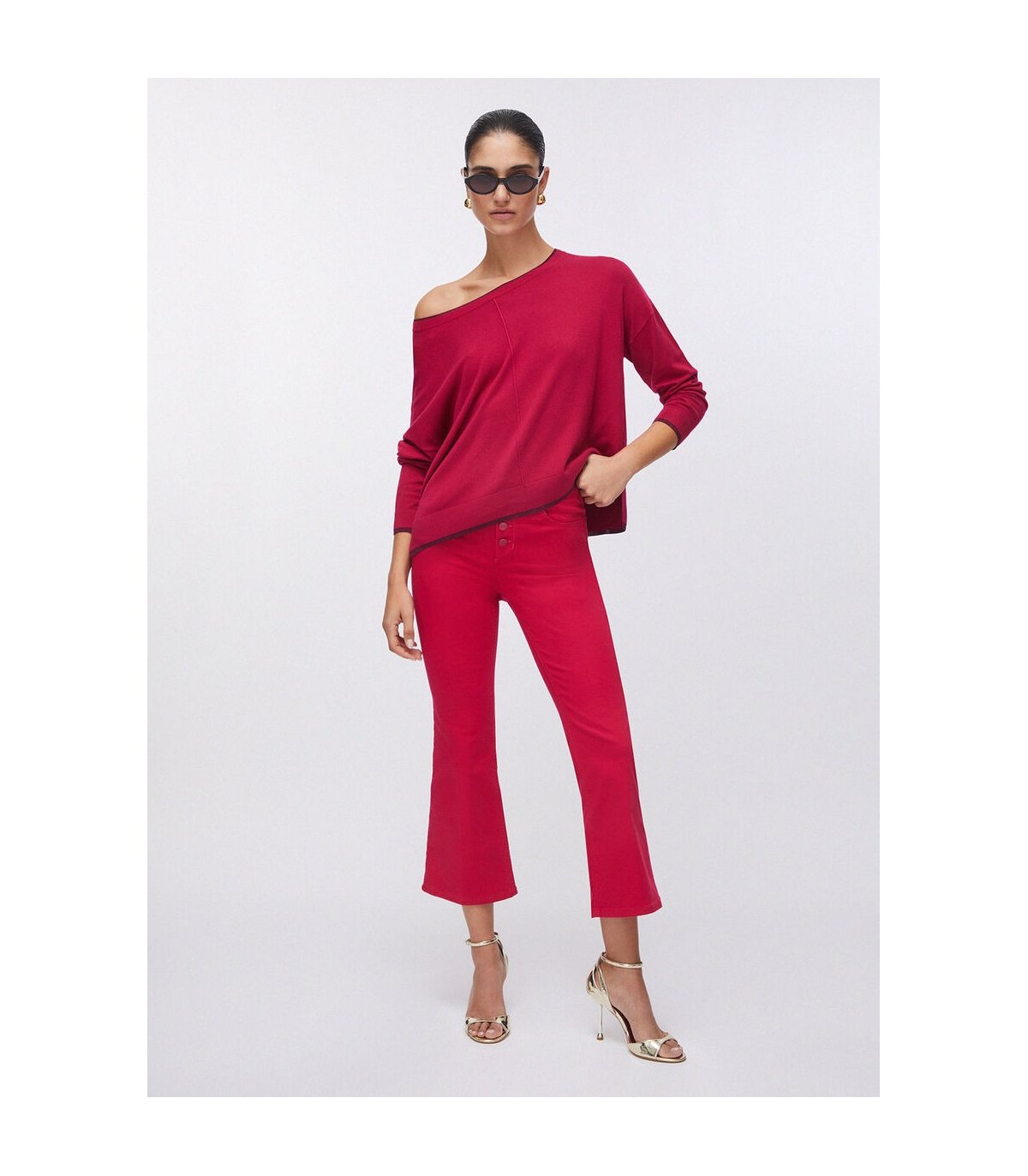 Liu Jo Pantalón color fresa acampanado con botones logotipo