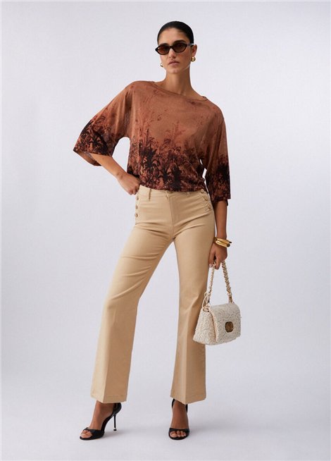 Liu Jo Pantalón beige acampanado con botones logotipo