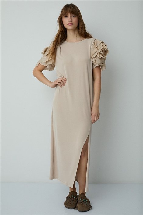 BSB Vestido liso color beige de mangas avolantadas