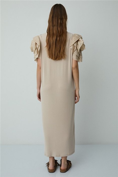 BSB Vestido liso color beige de mangas avolantadas