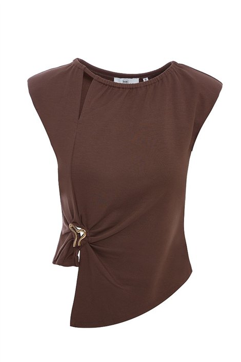 BSB Blusa marrón asimétrica con broche y fruncido