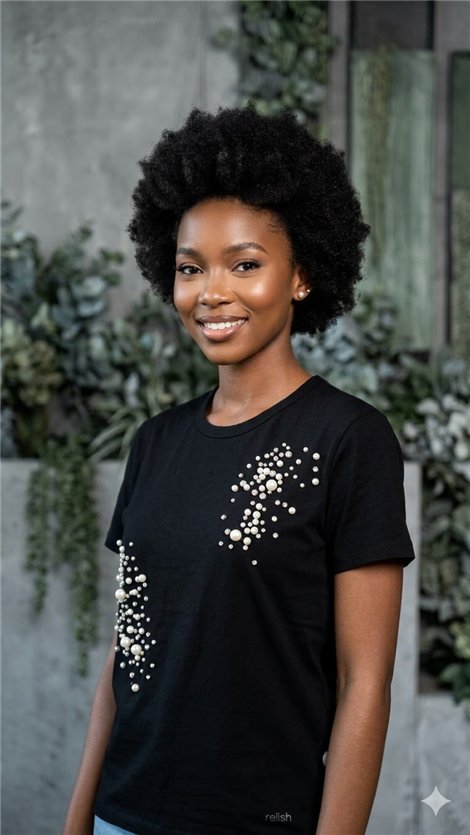 Relish Camiseta negra con lazo y detalle perlas