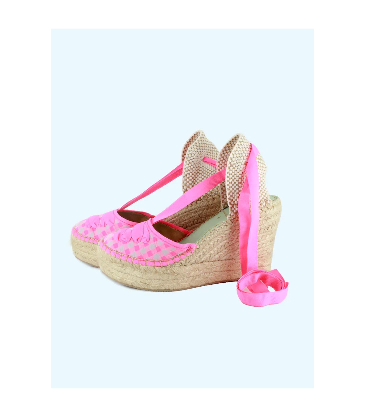 Star Love Cuña de tejido vichy fucsia con lazada