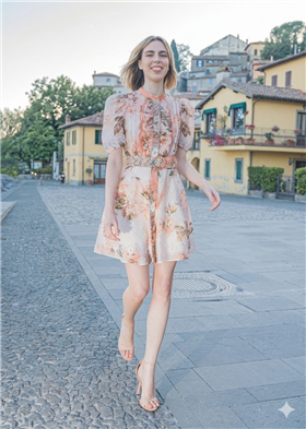 Amosa Vestido corto estampado con adorno de puntilla bordada