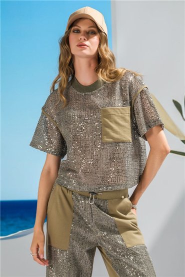 FOURSOUL Camiseta verde con lentejuelas