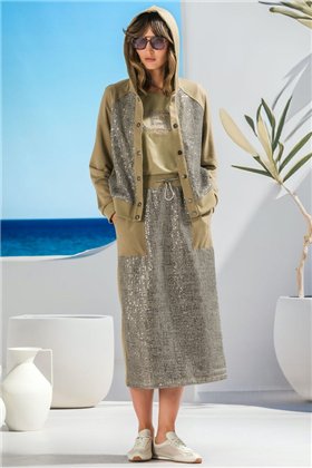 FOURSOUL Falda midi verde militar con estampado lentejuelas