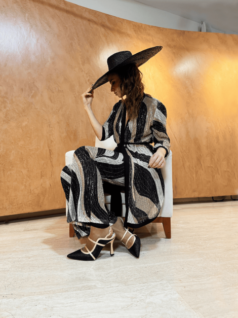 Zoe Pantalón elegante con lentejuelas estampado negro-marrón