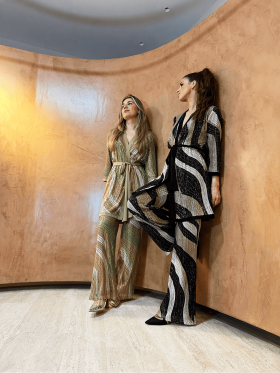 Zoe Pantalón elegante con lentejuelas estampado negro-marrón