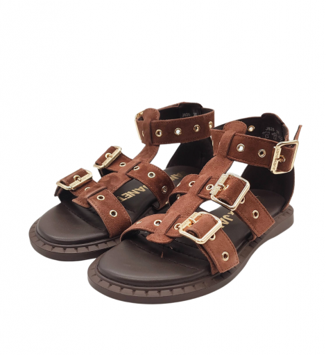 JANETYJANET Sandalia plana en serraje marrón con hebillas