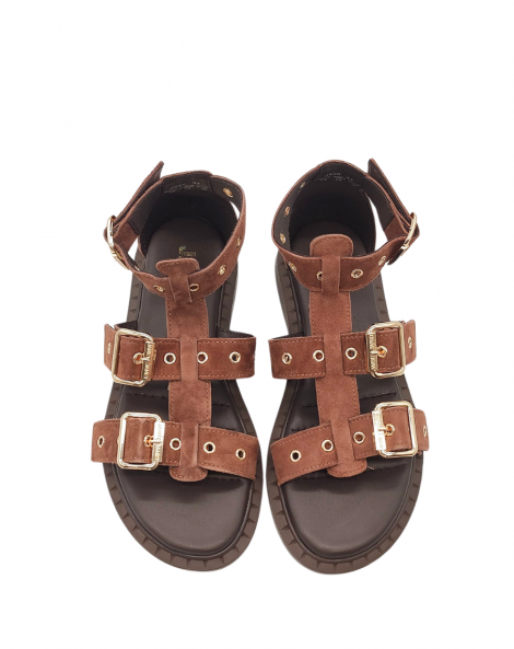 JANETYJANET Sandalia plana en serraje marrón con hebillas