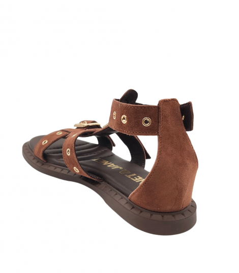 JANETYJANET Sandalia plana en serraje marrón con hebillas