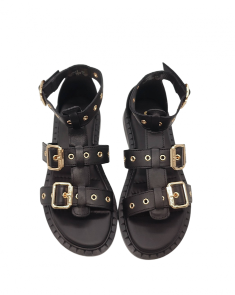 JANETYJANET Sandalia plana de piel negra con hebillas