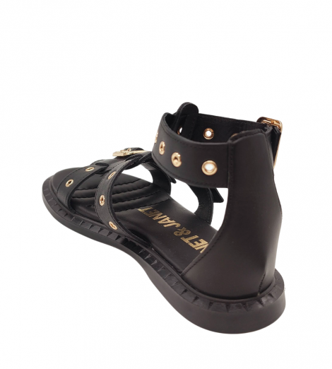 JANETYJANET Sandalia plana de piel negra con hebillas