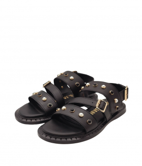 JanetandJanet Sandalia plana de piel negra con detalle perlas
