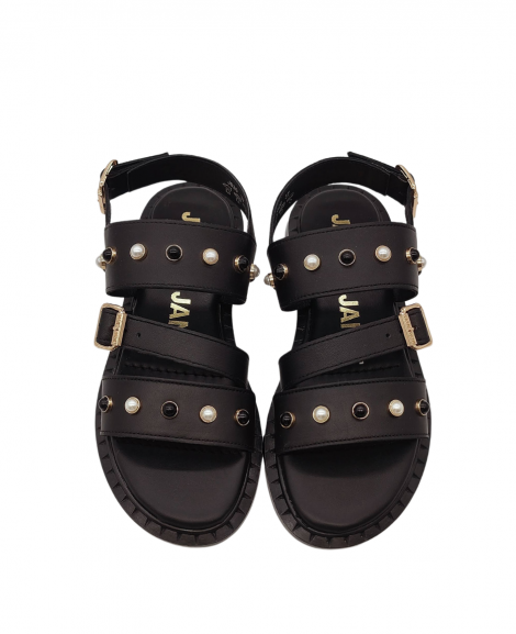 JANETYJANET Sandalia plana de piel negra con detalle perlas