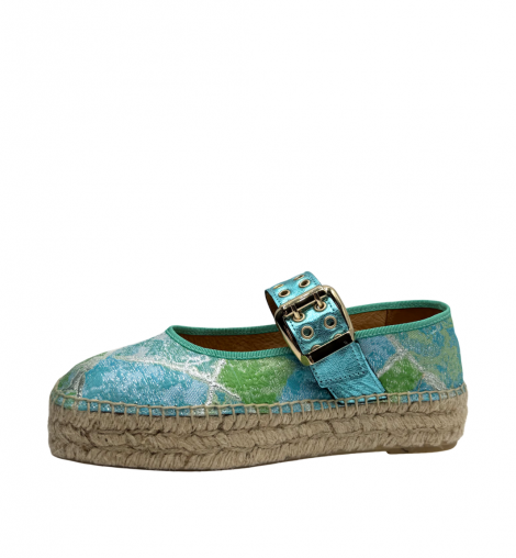 Vosso Moda Cuña baja con estampado verde-turquesa metalizado