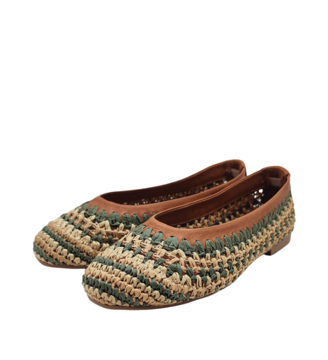 Shaddy Manoletina de piel y rafia trenzada beige-kaki