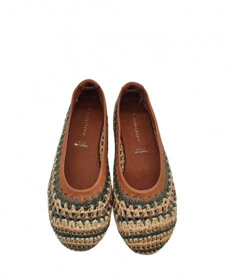 Shaddy Manoletina de piel y rafia trenzada beige-kaki
